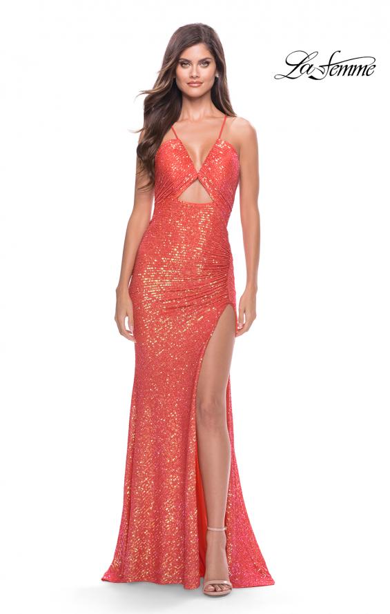 Picture of: Sequin Long Dress with Triangle Cut Out in Hot Coral in Hot Coral, Style: 31449, Main Picture