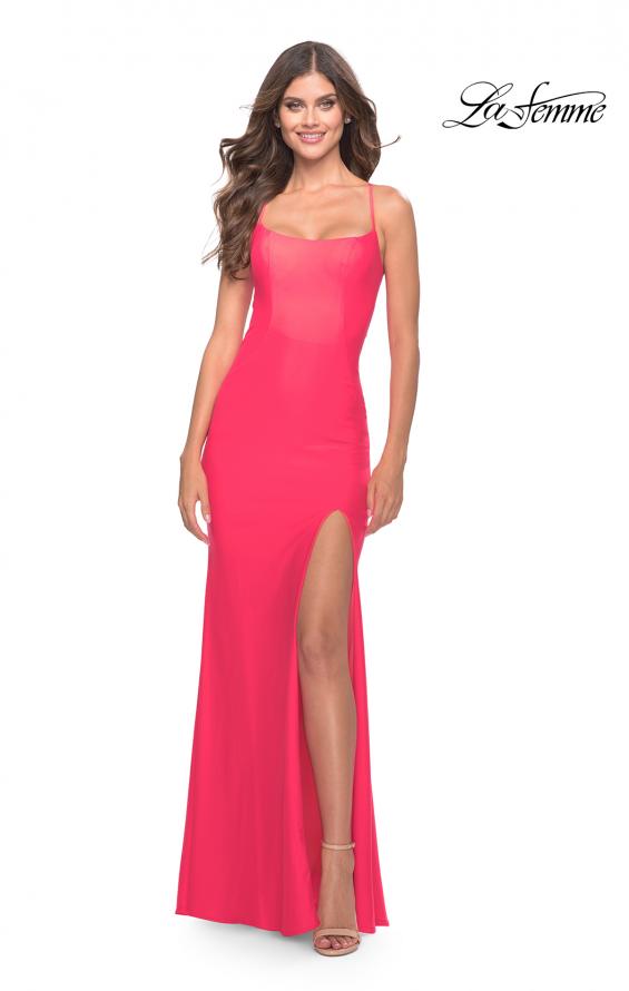 Picture of: Long Prom Dress in Luxurious Jersey with Slit in Hot Coral in Hot Coral, Style: 31504, Main Picture