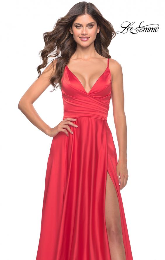 Picture of: A-Line Satin Gown with Ruched Bodice and V Neck in Neon in Hot Coral, Style: 31121, Detail Picture 8