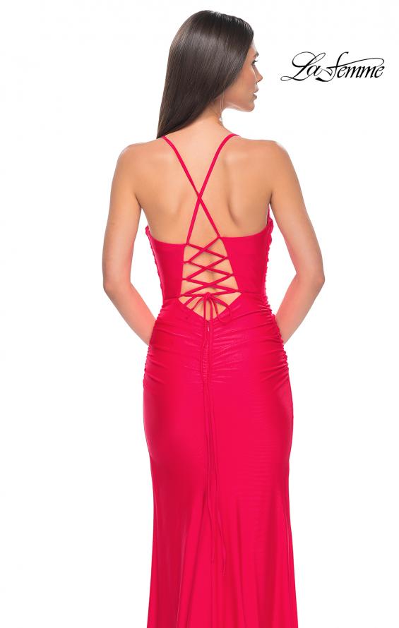 Picture of: Ruched Jersey Prom Dress with Slit in Hot Coral, Style: 31131, Detail Picture 8