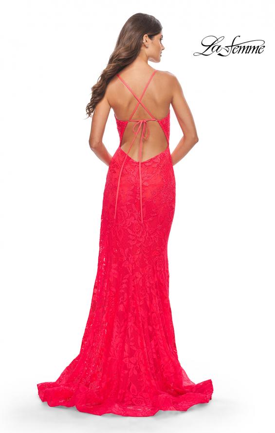 Picture of: Rhinestone Lace Embellished Prom Dress with High Side Slit in Bright Colors in Hot Coral, Style: 31404, Detail Picture 8
