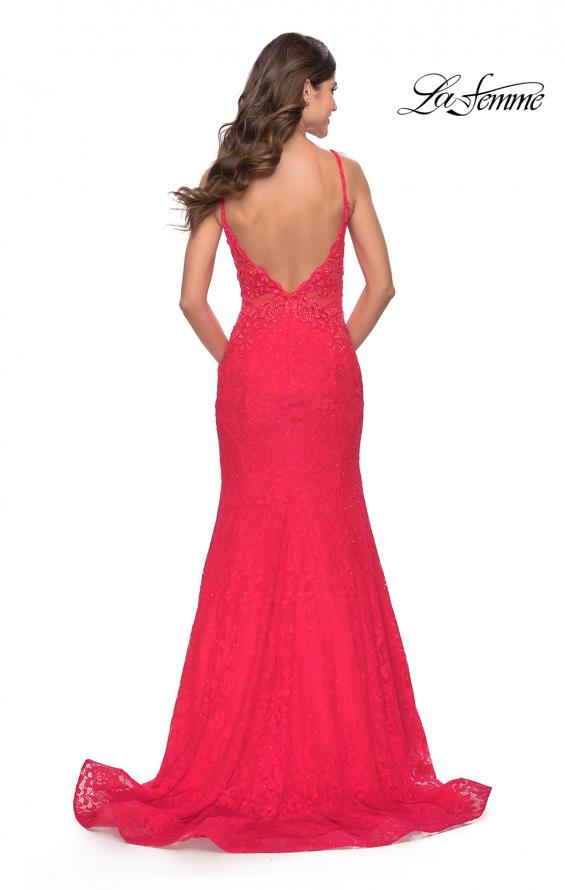 Picture of: Long Mermaid Lace Dress with Back Rhinestone Detail in Hot Coral, Style: 31512, Detail Picture 8