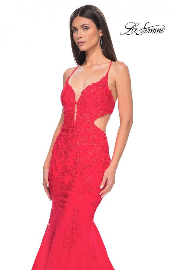 Picture of: Lace and Tulle Mermaid Gown with Side Cut Outs in Hot Coral, Style: 31133, Detail Picture 9