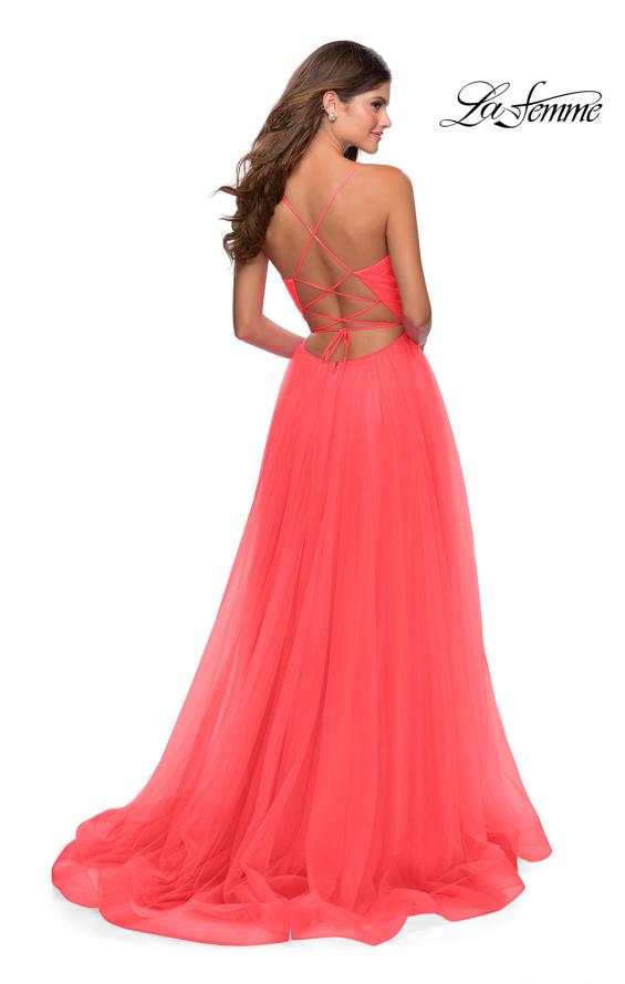 Picture of: Long Tulle A-line Gown with Side Slit and Pockets in Hot Coral, Style: 28561, Style: 28561