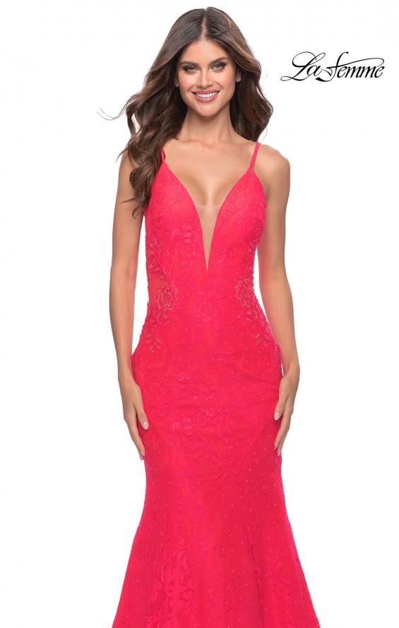 Picture of: Long Mermaid Lace Dress with Back Rhinestone Detail in Hot Coral, Style: 31512, Detail Picture 16