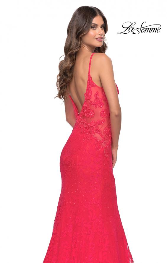 Picture of: Long Mermaid Lace Dress with Back Rhinestone Detail in Hot Coral, Style: 31512, Detail Picture 17