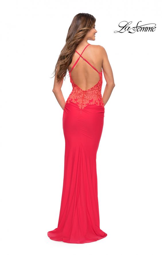Picture of: Hot Coral Prom Dress with Illusion Lace Sides and Ruching, Style: 30695, Back Picture