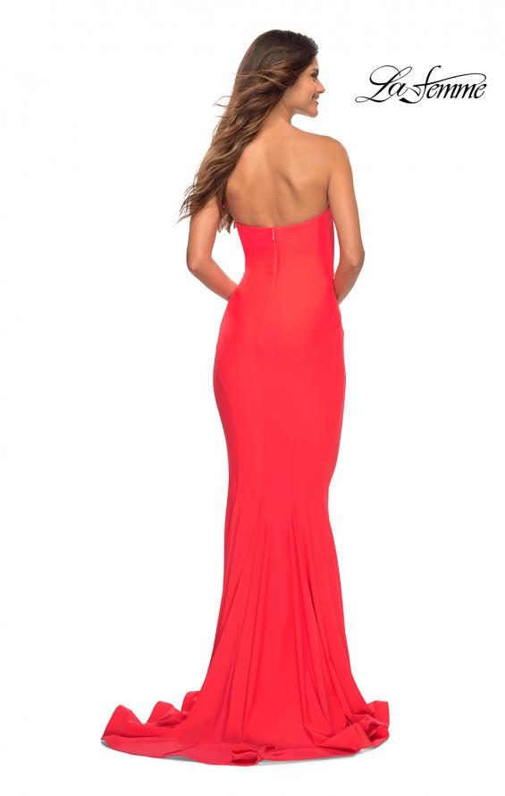 Picture of: Fitted Long Chic Strapless Jersey Gown in Coral in Hot Coral, Back Picture