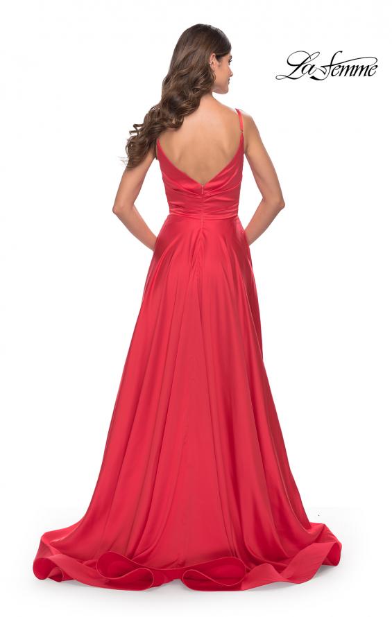 Picture of: A-Line Satin Gown with Ruched Bodice and V Neck in Neon in Hot Coral, Style: 31121, Back Picture