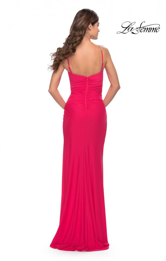 Picture of: Long Ruched Jersey Gown with V Neckline in Neon in Hot Coral, Style: 31224, Back Picture