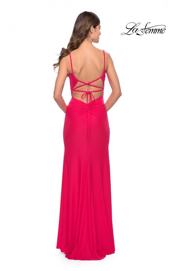 Picture of: Elegant Jersey Dress with Ruching and Square Neckline in Neon in Hot Coral, Style: 31329, Back Picture