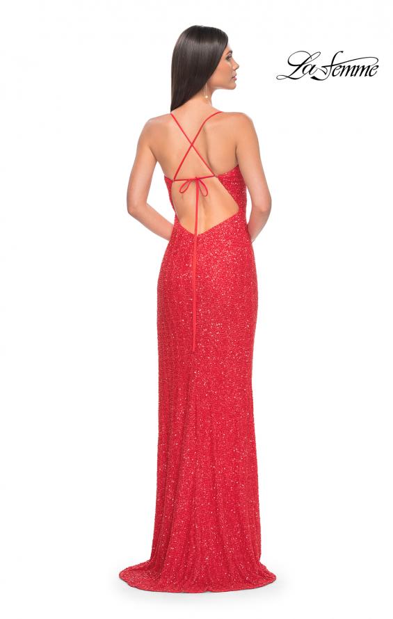 Picture of: Simple Stretch Sequin Gown with High Circle Slit in Bright Colors in Hot Coral, Style: 31432, Back Picture