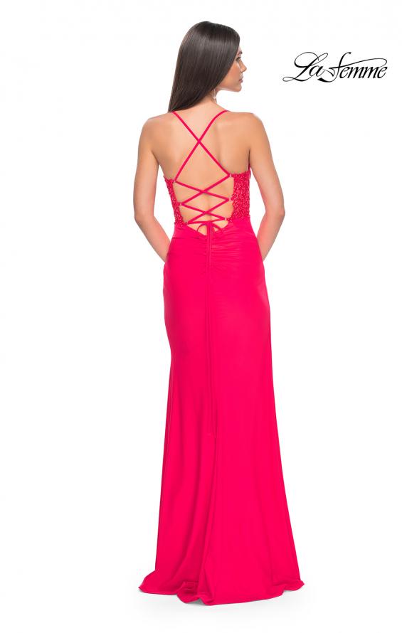 Picture of: Sheer Lace Side Panel Jersey Long Dress in Hot Coral in Hot Coral, Style: 31440, Back Picture