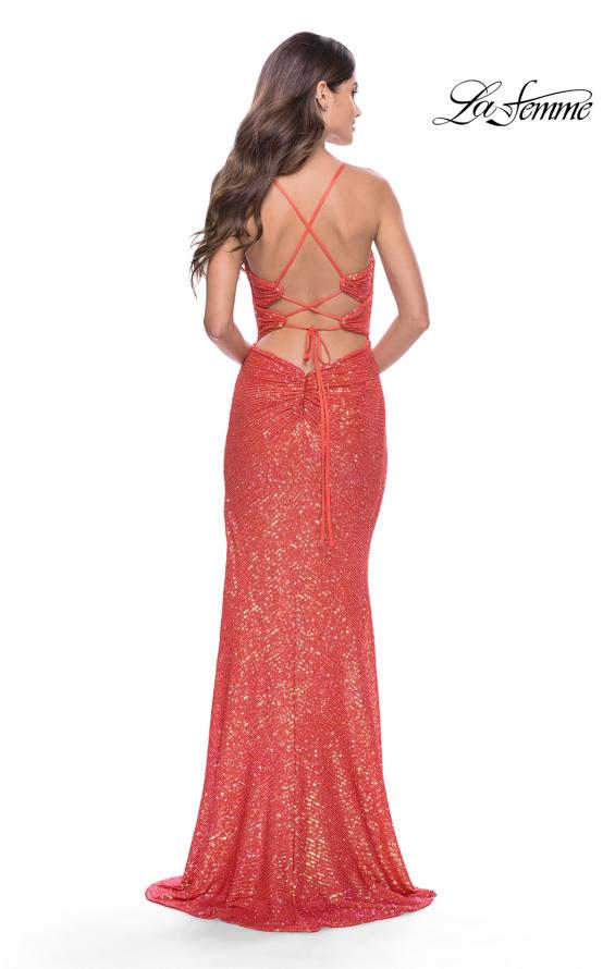 Picture of: Sequin Long Dress with Triangle Cut Out in Hot Coral in Hot Coral, Style: 31449, Back Picture