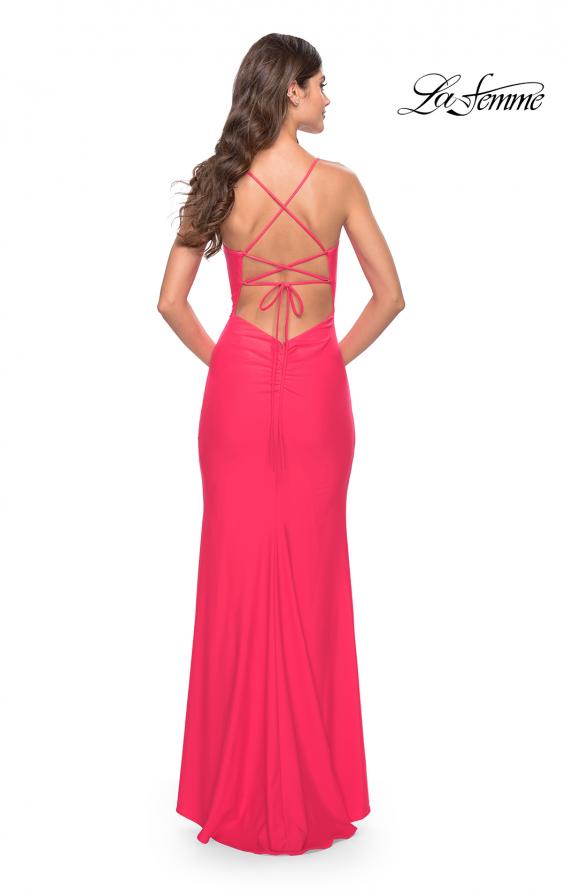 Picture of: Long Prom Dress in Luxurious Jersey with Slit in Hot Coral in Hot Coral, Style: 31504, Back Picture