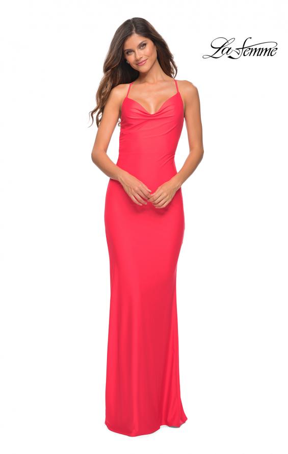 Picture of: Trendy Neon Prom Dress with High Side Slit in Hot Coral, Detail Picture 1
