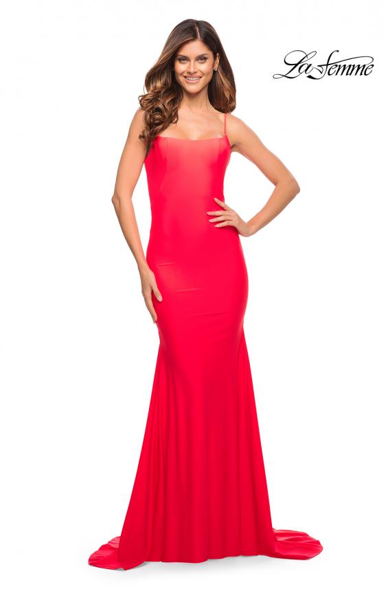 Picture of: Chic Luxe Jersey Gown with Train and V Back in Bright Colors in Hot Coral, Style: 30682, Detail Picture 1