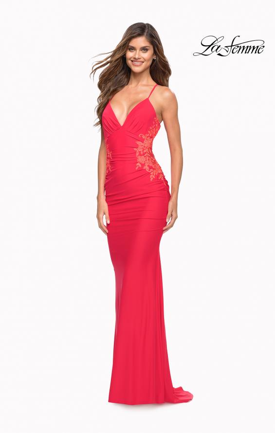 Picture of: Hot Coral Prom Dress with Illusion Lace Sides and Ruching, Style: 30695, Detail Picture 1