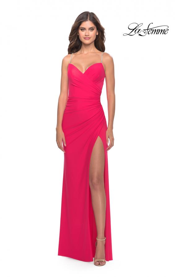Picture of: Long Ruched Jersey Gown with V Neckline in Neon in Hot Coral, Style: 31224, Detail Picture 1