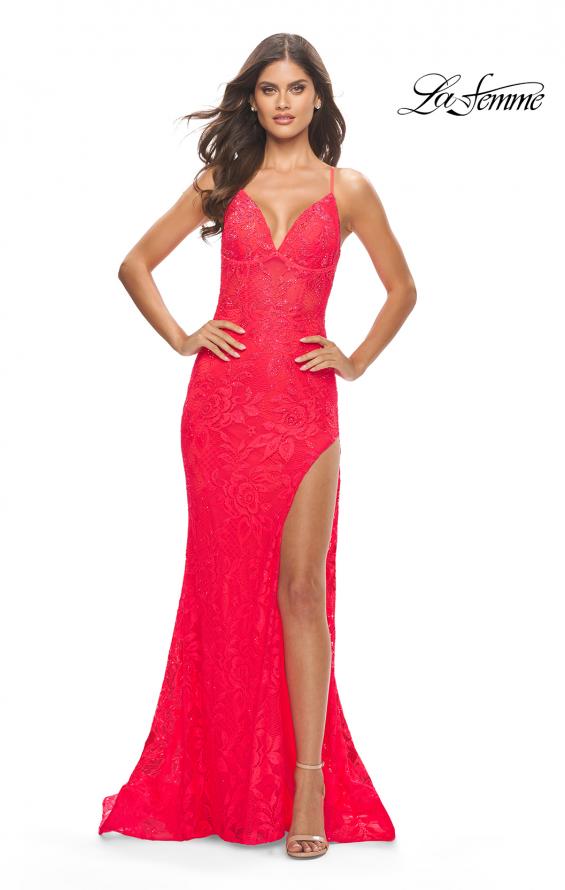 Picture of: Rhinestone Lace Embellished Prom Dress with High Side Slit in Bright Colors in Hot Coral, Style: 31404, Detail Picture 1