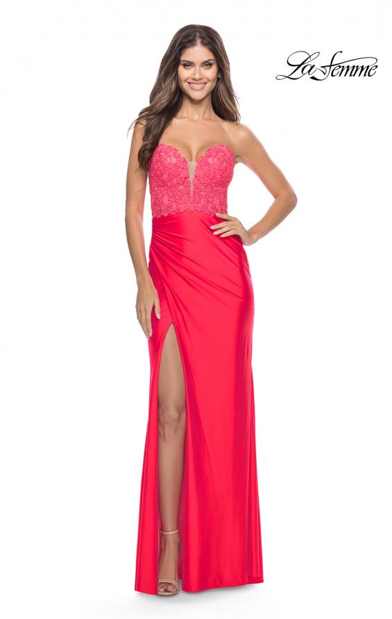 Picture of: Long Dress with Jersey Skirt and Lace Illusion Bodice in Neon in Hot Coral, Style: 31411, Detail Picture 1