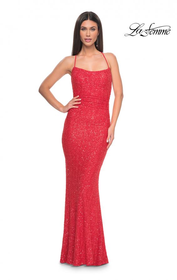 Picture of: Chic Soft Sequin Stretch Dress with Open Back in Hot Coral, Style: 31429, Detail Picture 1