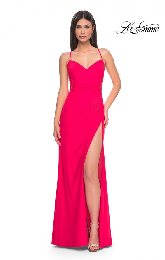 Picture of: Sheer Lace Side Panel Jersey Long Dress in Hot Coral in Hot Coral, Style: 31440, Detail Picture 1
