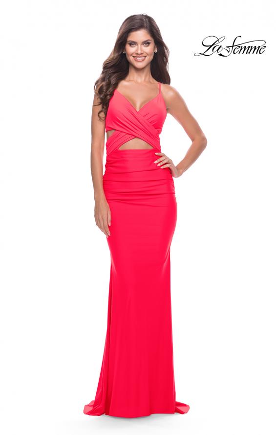 Picture of: Cut Out Long Soft Jersey Dress with Criss Cross Bodice in Neon in Hot Coral, Style: 31442, Style: 31442