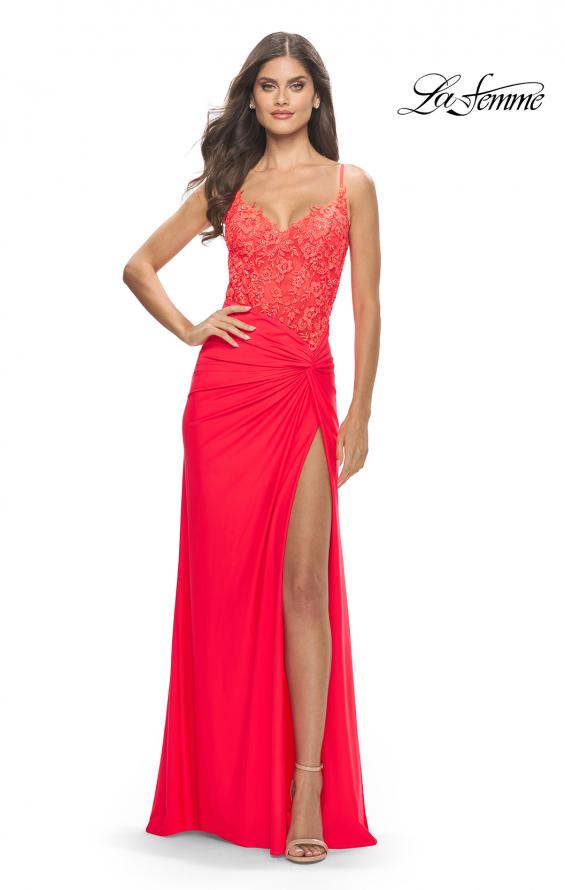 Picture of: Lace Asymmetrical Gown with Jersey Skirt and Twist Knot Detail in Neon in Hot Coral, Style: 31447, Detail Picture 1