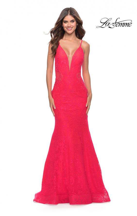 Picture of: Long Mermaid Lace Dress with Back Rhinestone Detail in Hot Coral, Style: 31512, Detail Picture 1
