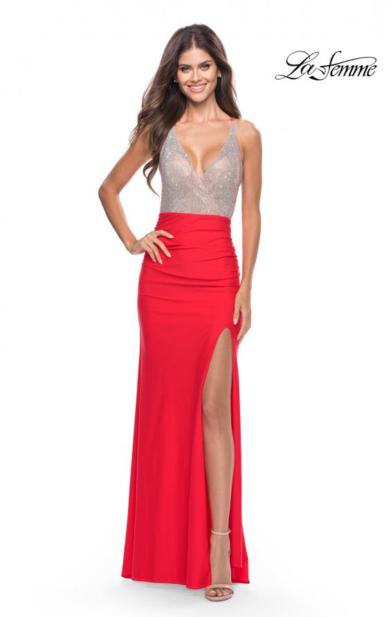 Picture of: Ruched Dress with Rhinestone Sheer Bodice in Hot Coral, Style: 31590, Detail Picture 1