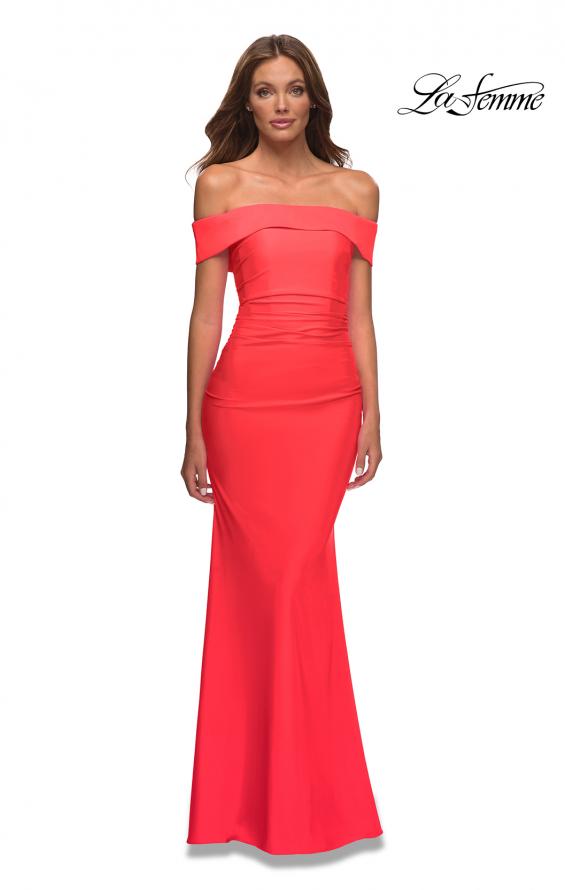 Picture of: Long Off the Shoulder Ruched Neon Jersey Dress in Hot Coral, Style: 30421, Detail Picture 2