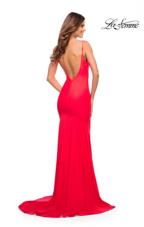 Picture of: Chic Luxe Jersey Gown with Train and V Back in Bright Colors in Hot Coral, Style: 30682, Detail Picture 2