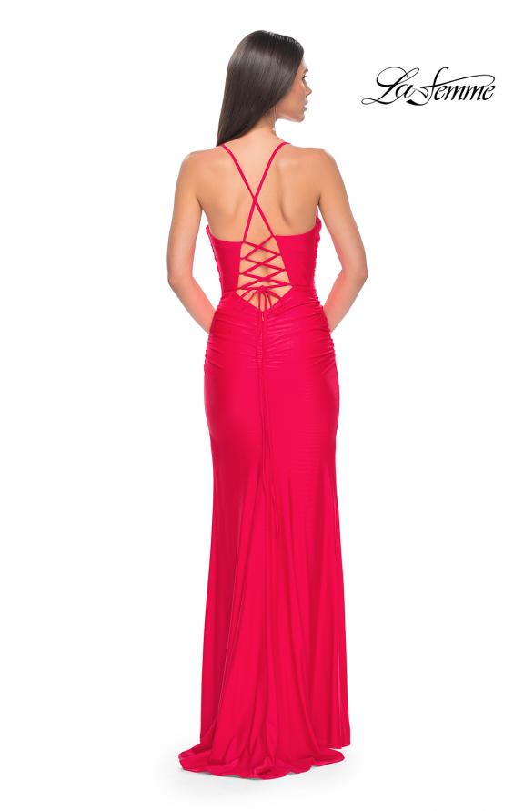 Picture of: Ruched Jersey Prom Dress with Slit in Hot Coral, Style: 31131, Detail Picture 2