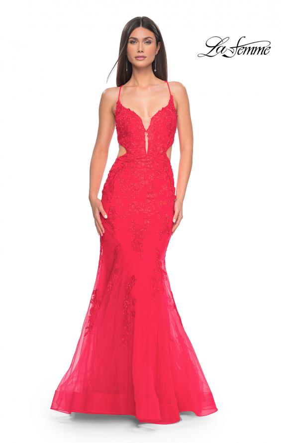 Picture of: Lace and Tulle Mermaid Gown with Side Cut Outs in Hot Coral, Style: 31133, Detail Picture 2