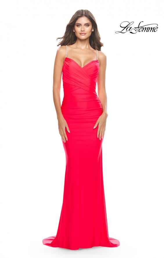 Picture of: Jersey Dress with Criss Cross Bodice and Jeweled Straps in Neon in Hot Coral, Style: 31222, Detail Picture 2