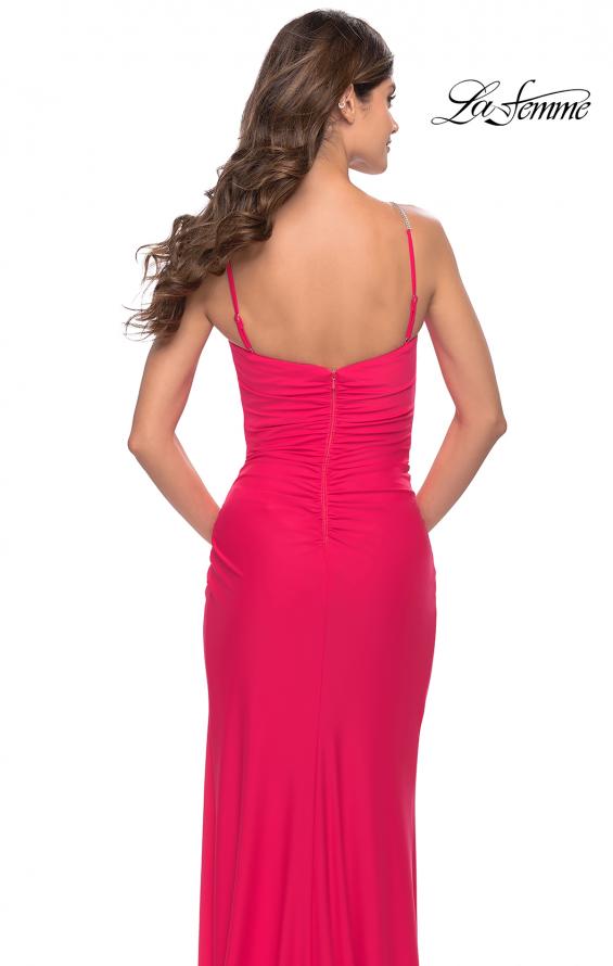 Picture of: Long Ruched Jersey Gown with V Neckline in Neon in Hot Coral, Style: 31224, Detail Picture 2