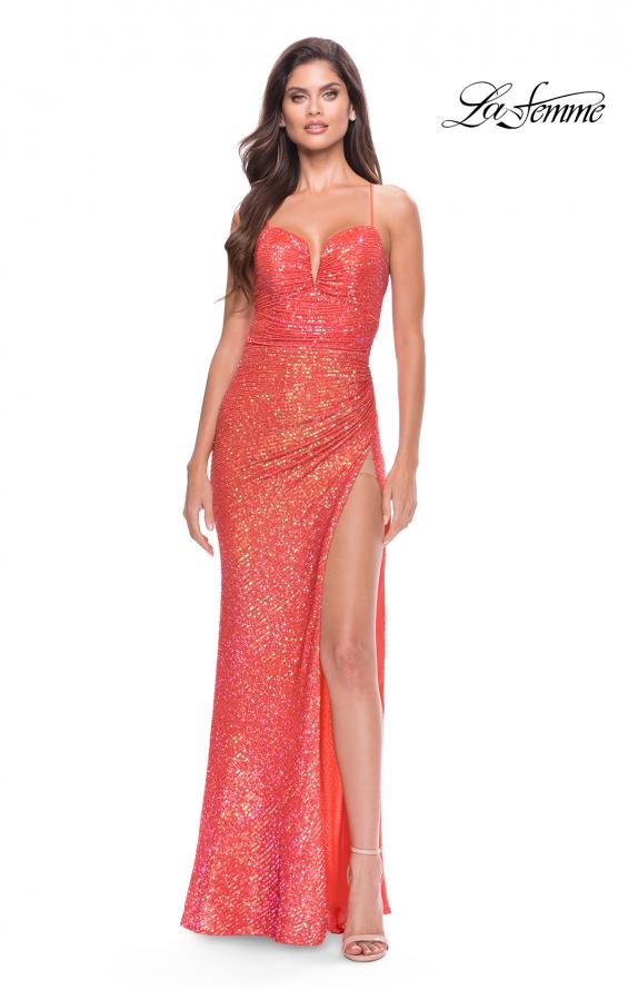 Picture of: Sequin Prom Dress with Ruching and Open Tie Back in Hot Coral, Style: 31349, Detail Picture 2