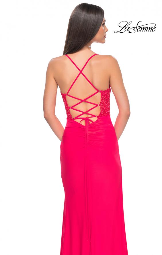 Picture of: Sheer Lace Side Panel Jersey Long Dress in Hot Coral in Hot Coral, Style: 31440, Detail Picture 2