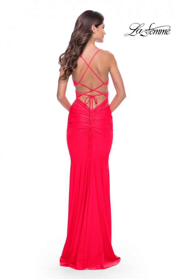 Picture of: Cut Out Long Soft Jersey Dress with Criss Cross Bodice in Neon in Hot Coral, Style: 31442, Style: 31442