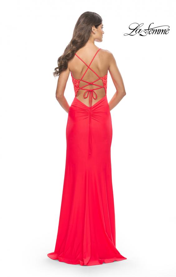 Picture of: Lace Asymmetrical Gown with Jersey Skirt and Twist Knot Detail in Neon in Hot Coral, Style: 31447, Detail Picture 2