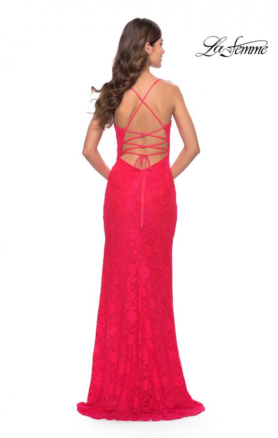 Picture of: Lace Long Dress with Scallop Detail on Skirt Slit in Hot Coral, Style: 31510, Detail Picture 2