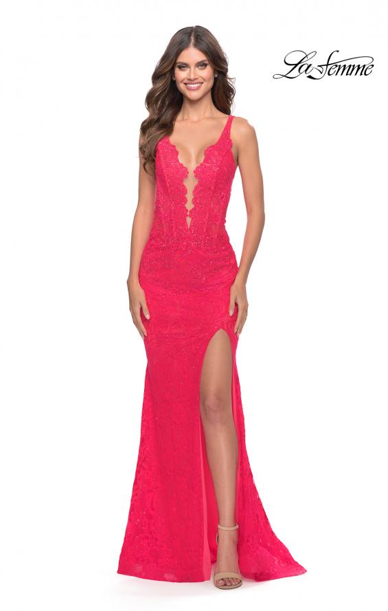 Picture of: Stretch Lace Gown with Slit and Open Keyhole Back in Hot Coral, Style: 29978, Detail Picture 3