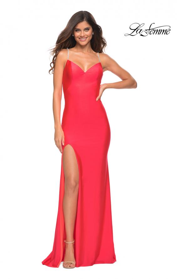 Picture of: Neon Rhinestone Strap Simple Long Jersey Dress in Hot Coral, Detail Picture 3