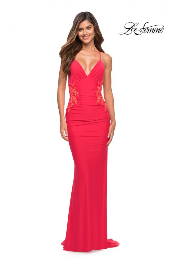 Picture of: Hot Coral Prom Dress with Illusion Lace Sides and Ruching, Style: 30695, Detail Picture 3