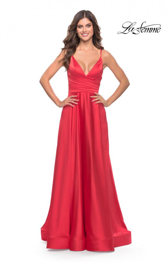 Picture of: A-Line Satin Gown with Ruched Bodice and V Neck in Neon in Hot Coral, Style: 31121, Detail Picture 3