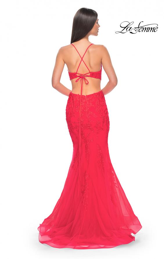 Picture of: Lace and Tulle Mermaid Gown with Side Cut Outs in Hot Coral, Style: 31133, Detail Picture 3