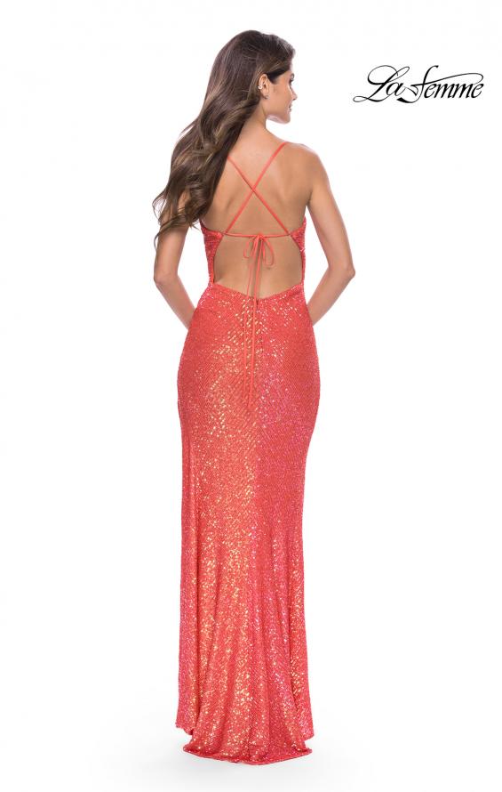 Picture of: Sequin Prom Dress with Ruching and Open Tie Back in Hot Coral, Style: 31349, Detail Picture 3