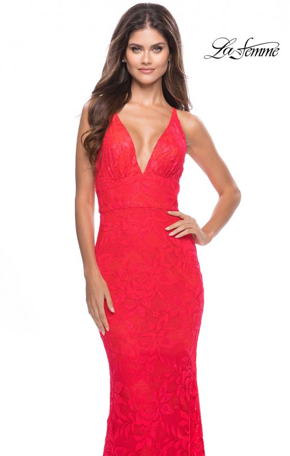 Picture of: Fitted Stretch Lace Prom Dress with Banded Waist in Neon in Hot Coral, Style: 31417, Detail Picture 3