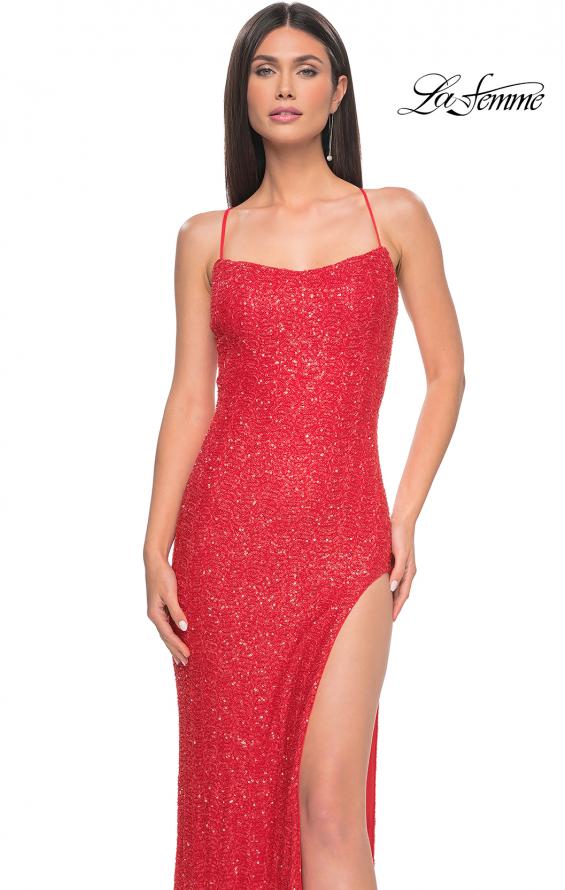 Picture of: Simple Stretch Sequin Gown with High Circle Slit in Bright Colors in Hot Coral, Style: 31432, Detail Picture 3